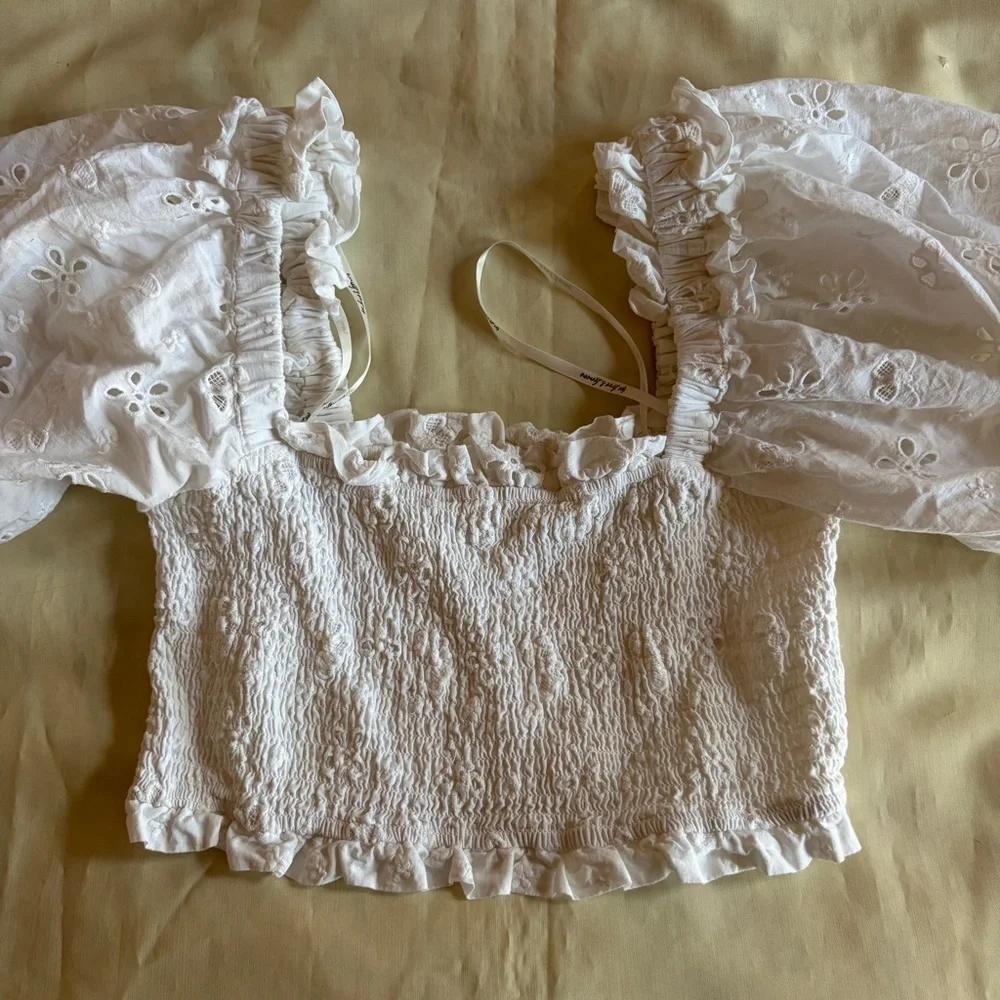 For Love and Lemons- Addison Blouse Size Large White Floral Puff Sleeve
